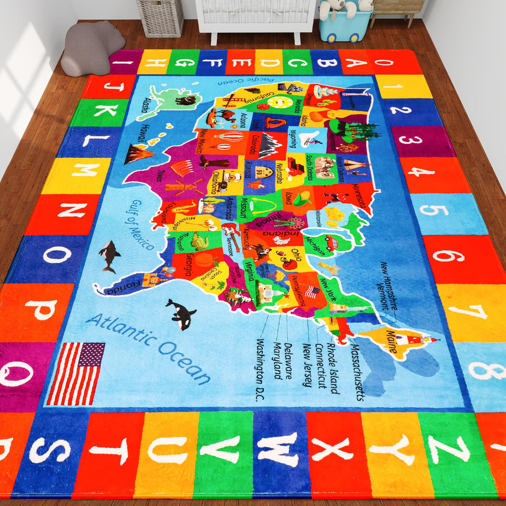 LTKOUGFAM USA Map ABC Kid Rug 39.4" × 63" for Playroom Geography Classroom Rug Educational Baby Playmat Alphabet Mat for Primary School Fluffy Ployester Non-Slip Preschool Carpet for Nursery Room