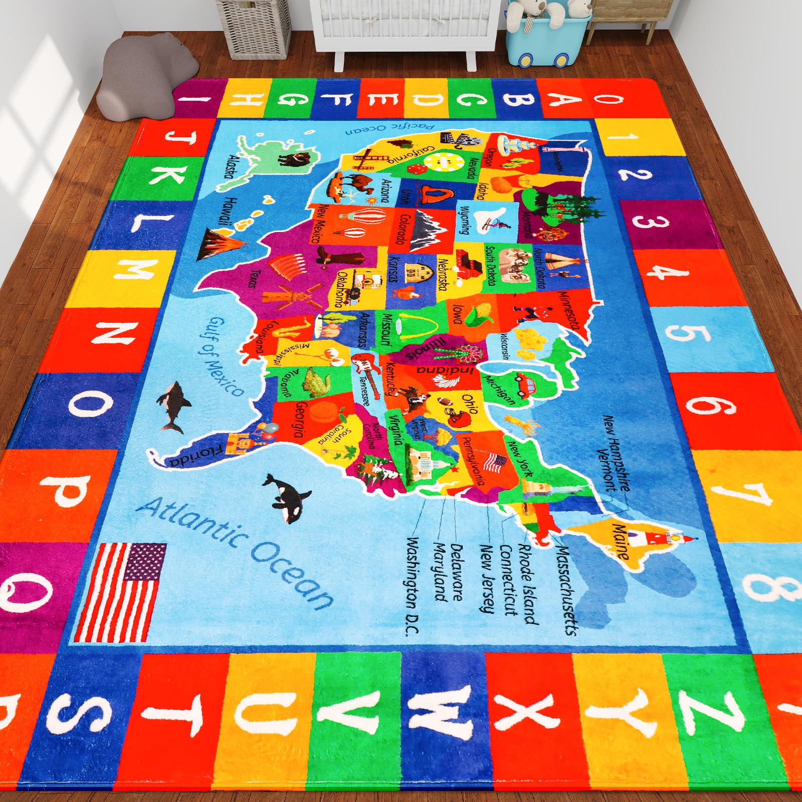 LTKOUGFAM USA Map ABC Kid Rug 39.4" × 63" for Playroom Geography Classroom Rug Educational Baby Playmat Alphabet Mat for Primary School Fluffy Ployester Non-Slip Preschool Carpet for Nursery Room