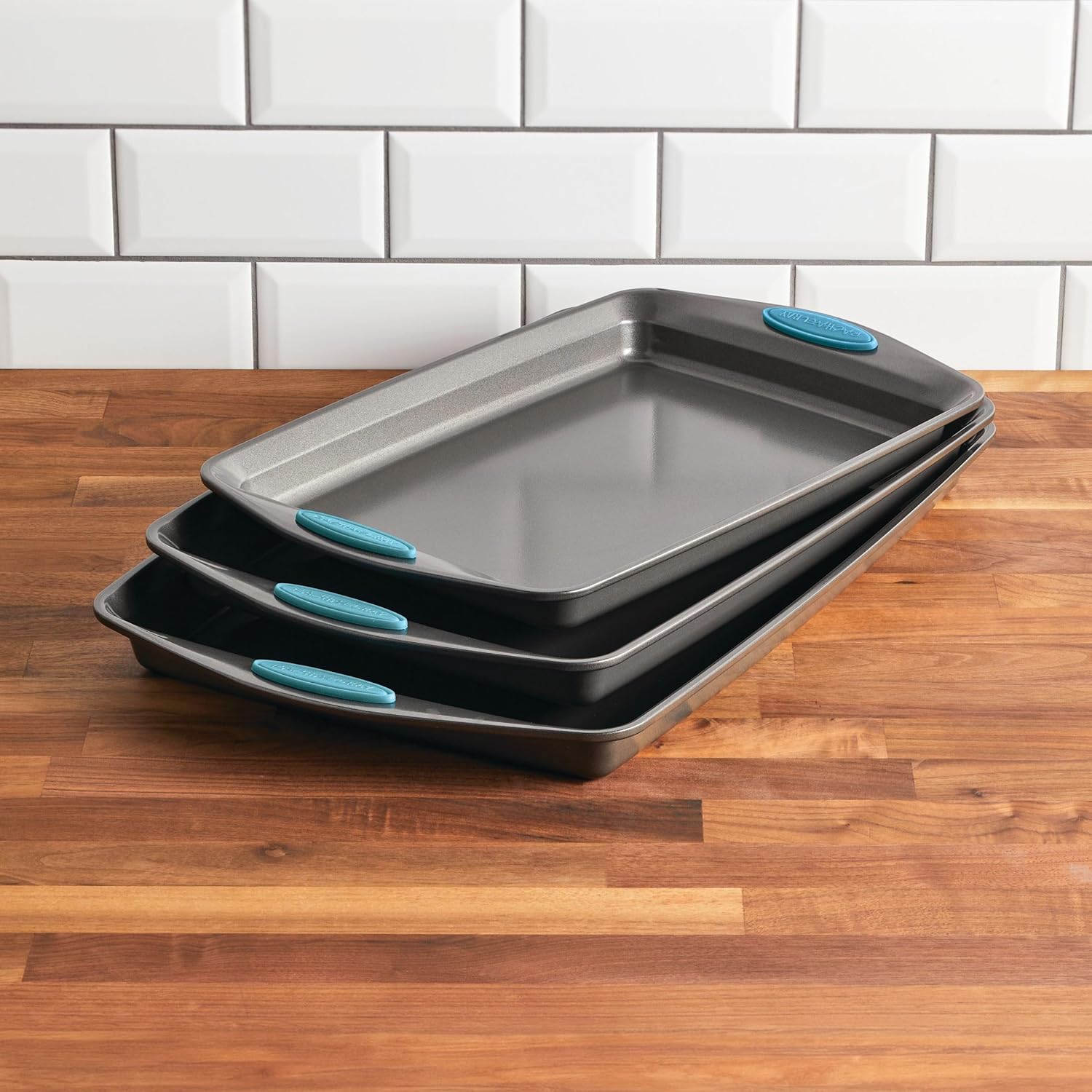 Rachael Ray Bakeware Nonstick Cookie Pan Set - 3-Piece Gray with Agave Blue Grips