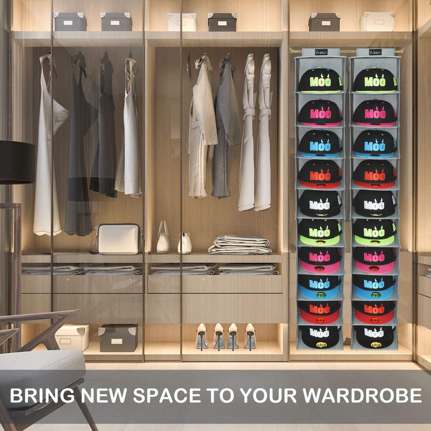 VAESIDA Hat Rack Organizer - 10 Shelf Hanging Storage for Baseball Caps, Gray