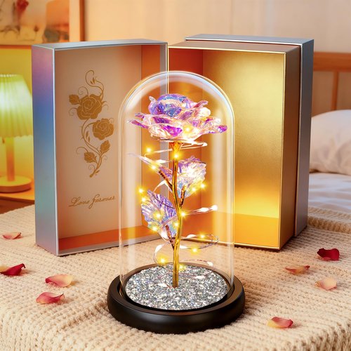 Valentines Day Rose Gifts for Her,Birthday Gifts for Women,Crystal Light Up Rose in A Glass Dome with Sparkling Base,Colorful Flowers Mothers Day Rose Gifts for Mom Wife Grandma Anniversary Christmas