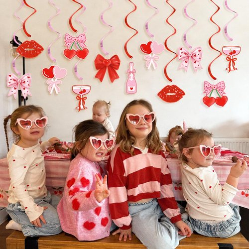 K KUMEED 20 Pcs Valentine's Day Party Decorations,Glitter Heart Cherry Bow Hanging Swirls,Red Pink Valentines Day Party Supplies Home Classroom Office Wedding Party Anniversary