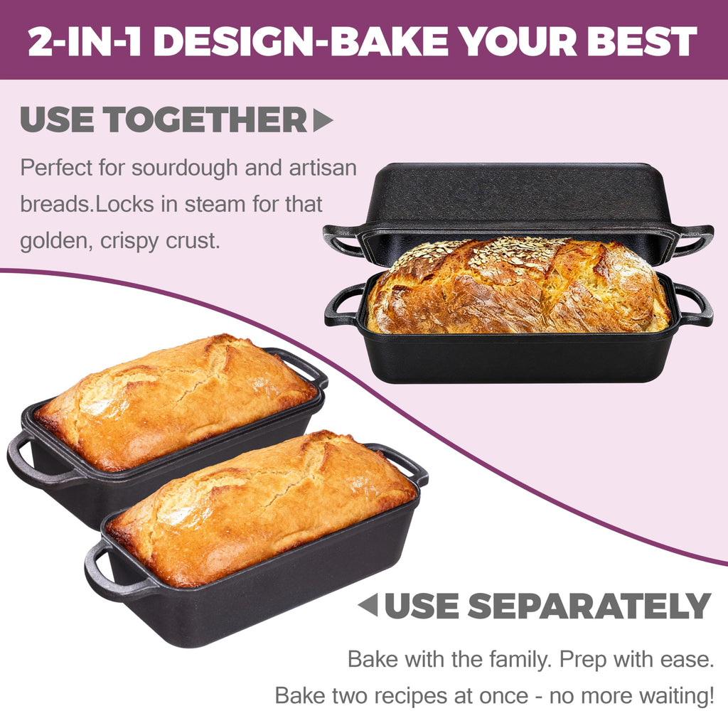 Vanderlume 11x5 Inch Cast Iron Loaf Pan with Lid, Large Dutch Oven Bread Loaf Pan for Sourdough, Homemade Bread Baking, Even Heat Distribution, 5.8Qt