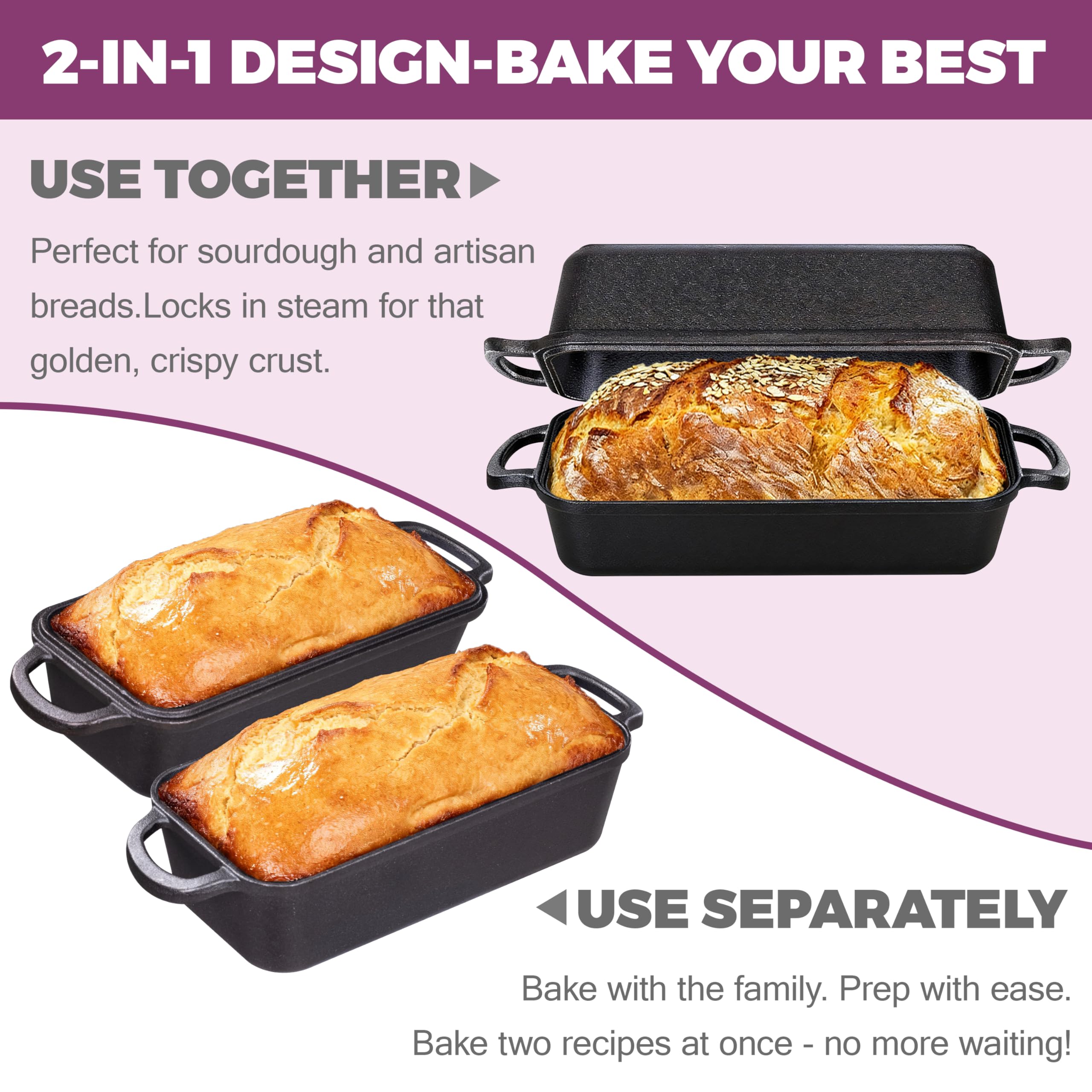 Vanderlume 11x5 Inch Cast Iron Loaf Pan with Lid, Large Dutch Oven Bread Loaf Pan for Sourdough, Homemade Bread Baking, Even Heat Distribution, 5.8Qt