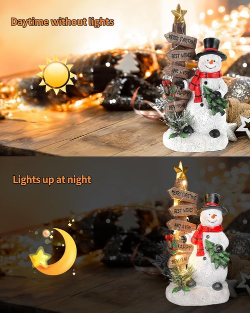 iStatue Merry Christmas Snowman Sign - Resin Tabletop Decoration with Mini Tree & Wooden Plaque | Holiday Home Decor Gift