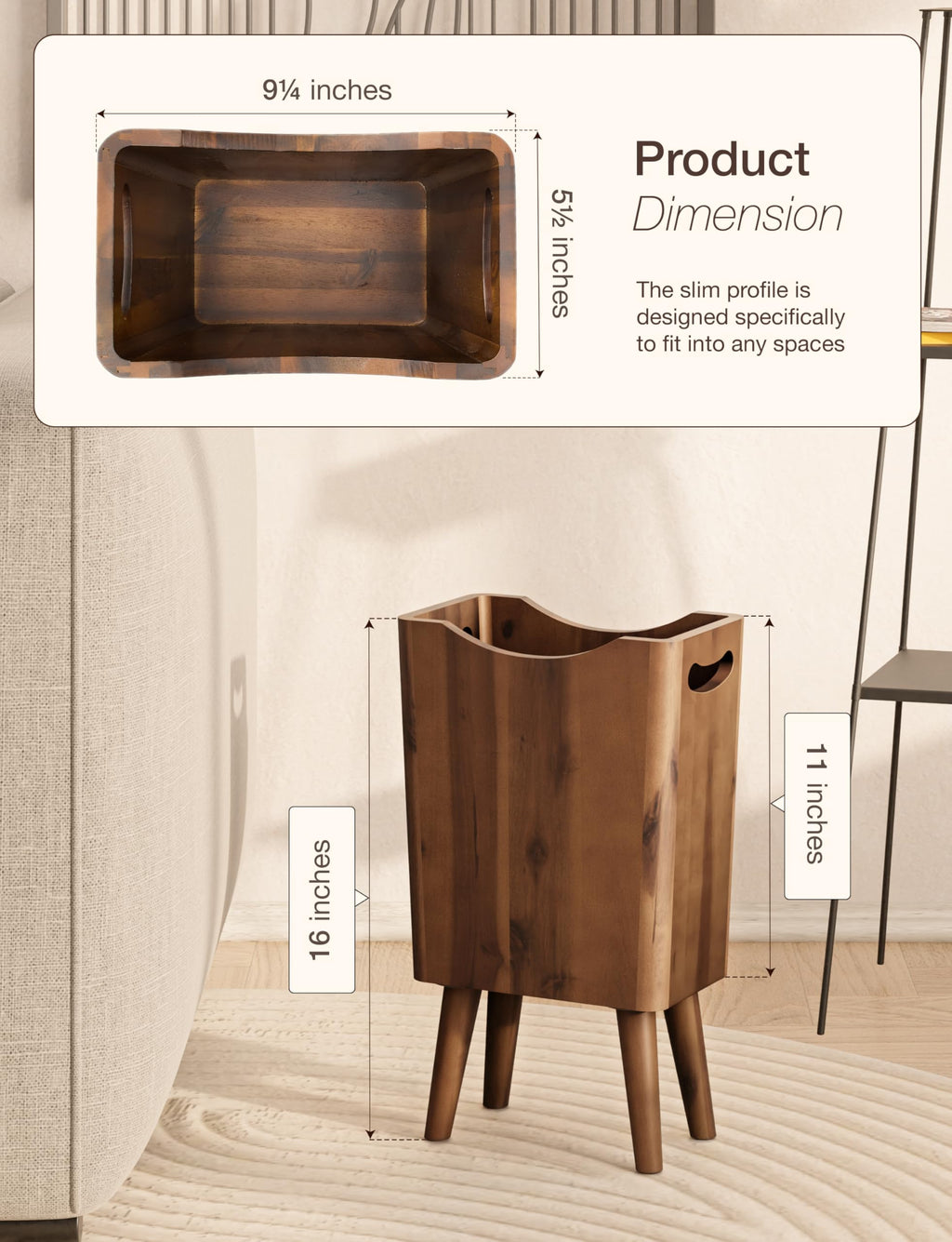 Tidita 2 Gallons Wooden Trash Can 4 Legs - Acacia Wooden Bin, Wood Bathroom Accessories - Small Bin, Waste Basket for Bedroom, Office Garbage Can - Bathroom Trash Can, Patent Pending (Walnut Color)