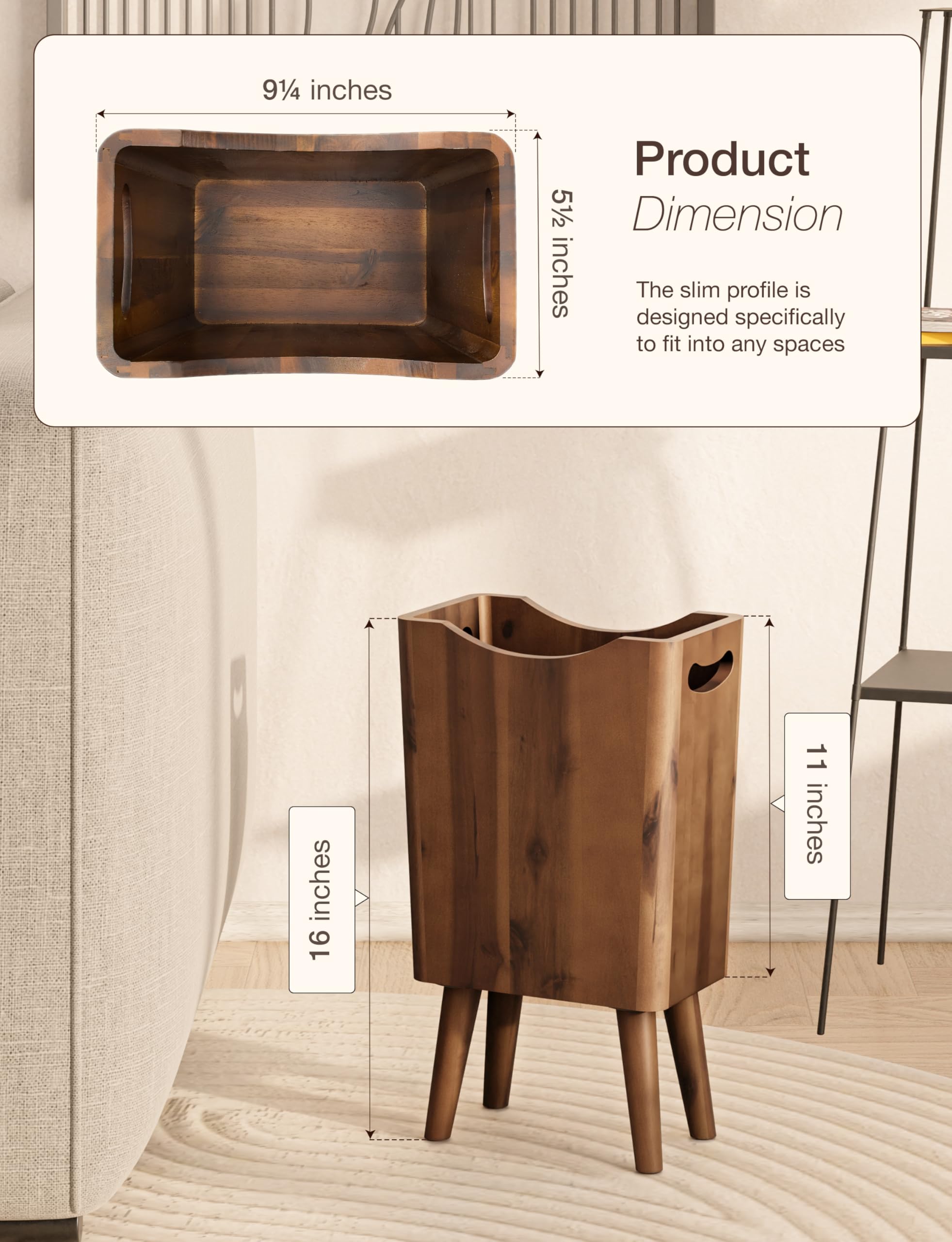 Tidita 2 Gallons Wooden Trash Can 4 Legs - Acacia Wooden Bin, Wood Bathroom Accessories - Small Bin, Waste Basket for Bedroom, Office Garbage Can - Bathroom Trash Can, Patent Pending (Walnut Color)