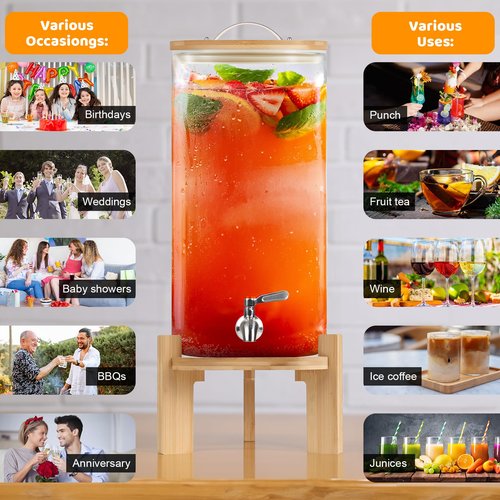 Beverage Dispenser 2.9 Gallon, Glass Drink Dispenser with Stand, Drink Dispensers for Parties, Beverage Dispenser with Wood Stand, Stainless Steel Spigot, for Parties,Bars,Restaurants (2.9 Gallons)