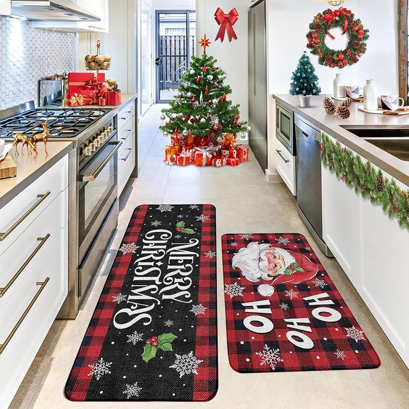 Santa Claus Christmas Kitchen Rugs Set of 2 16x24 & 16x48 Inches Plush Velvet Non-Slip