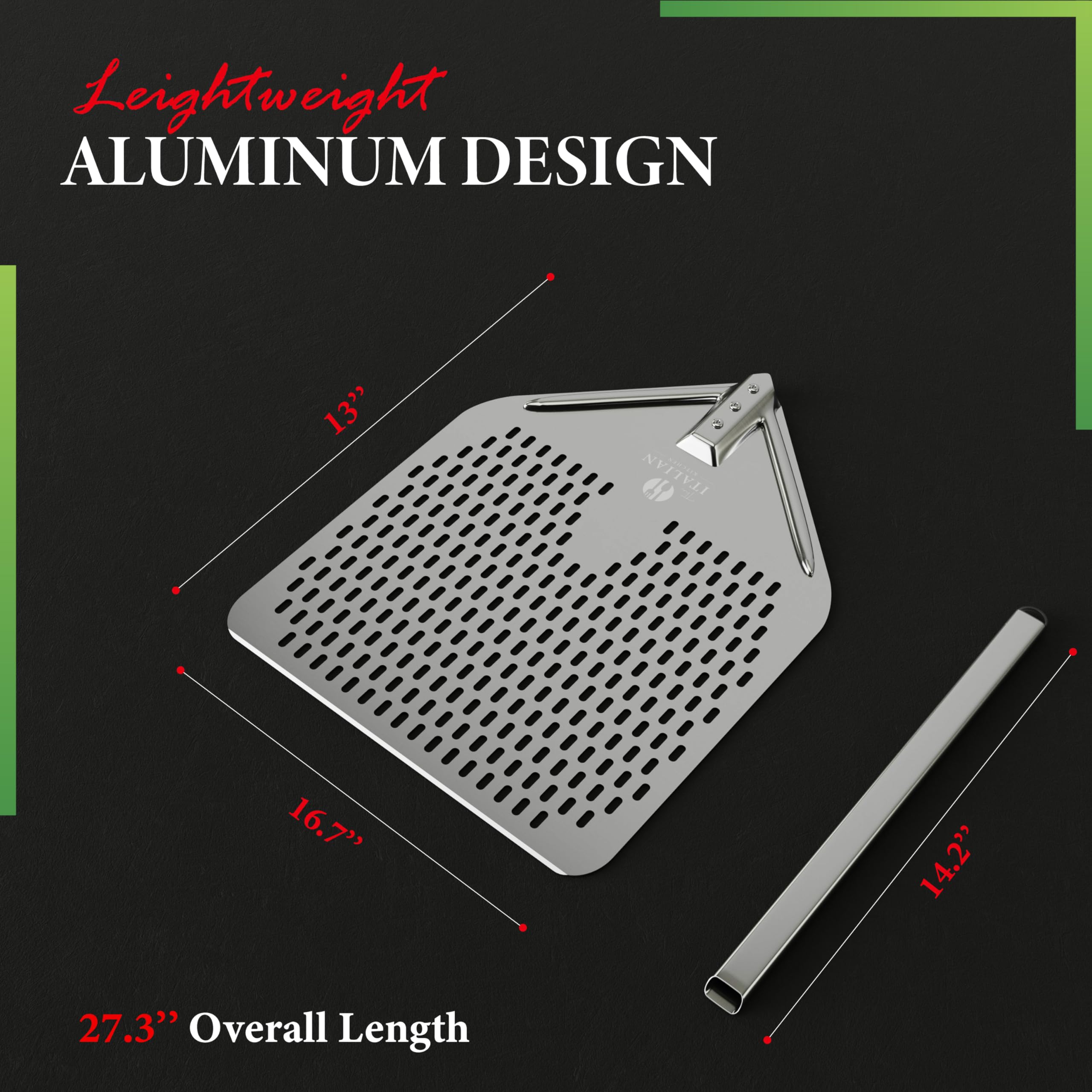The Italian Kitchen Perforated Pizza Peel - Professional 13 x 16.7 Metal Pizza Peel Paddle - 27.3 Overall Aluminum Pizza Peel - Works With All Pizza Ovens, Stones & Grills Silver