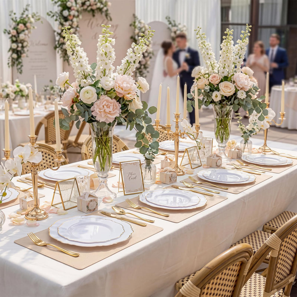 WDF 100pcs Gold Plastic Plates - High-end Baroque Design - Heavy Duty White &Gold Wedding Plates Set Ideal for Party/Wedding/Birthday