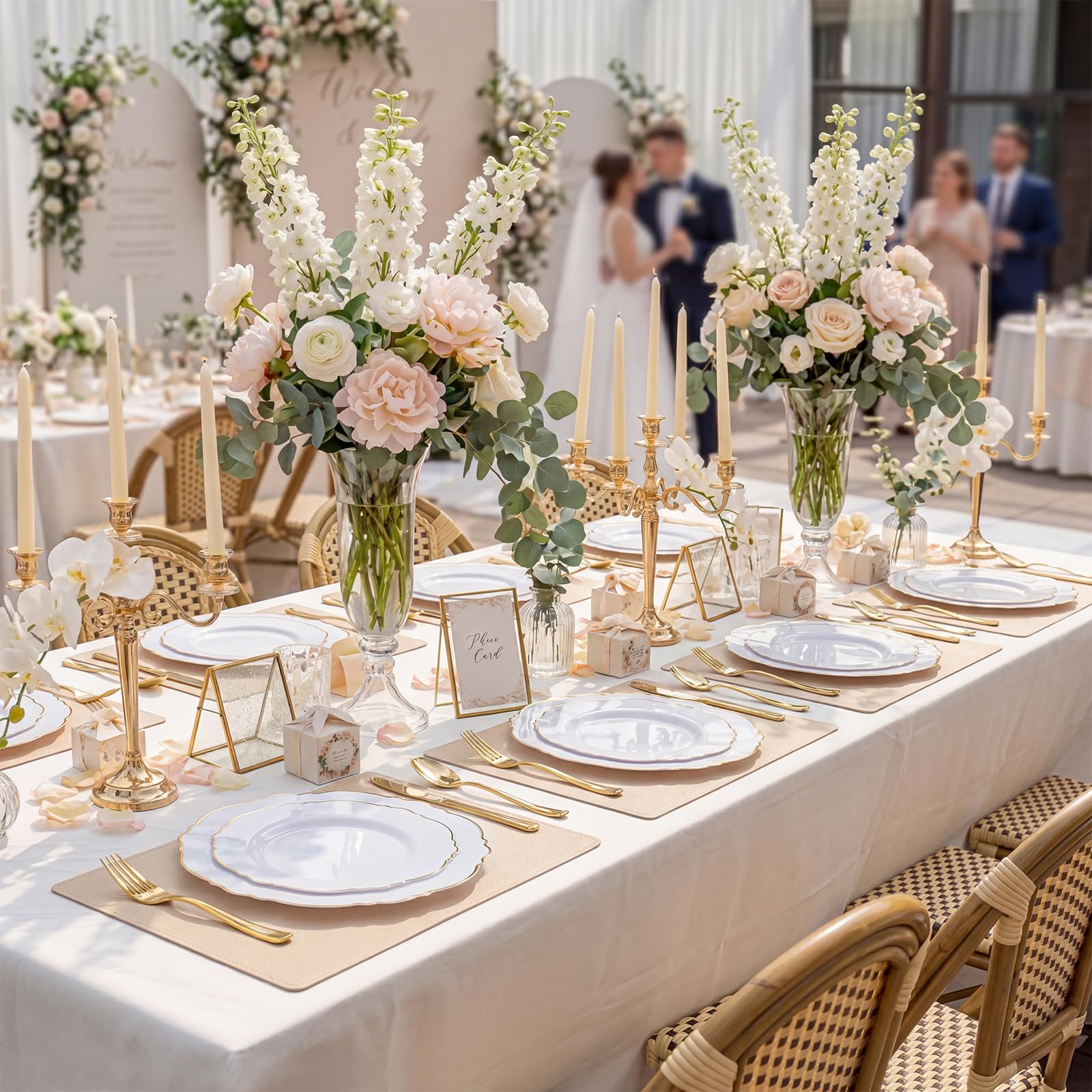WDF 100pcs Gold Plastic Plates - High-end Baroque Design - Heavy Duty White &Gold Wedding Plates Set Ideal for Party/Wedding/Birthday
