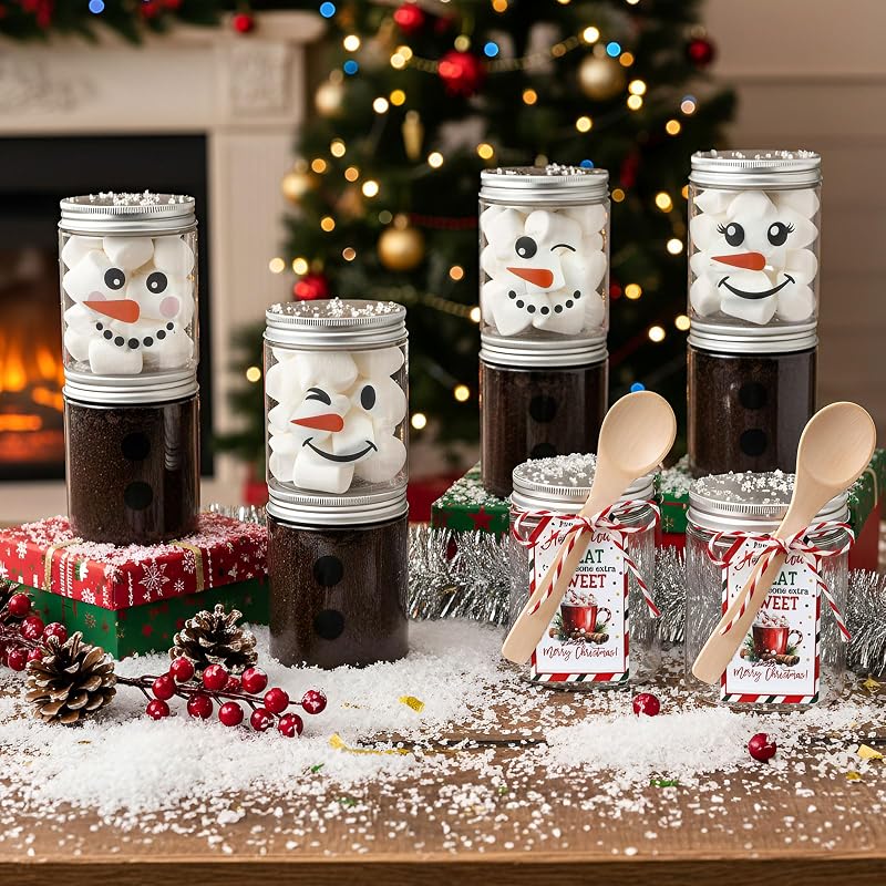 Vesici 24-Piece Christmas Hot Chocolate Bar Supplies Jars with Lids, Spoons & Cards - Snowman Theme