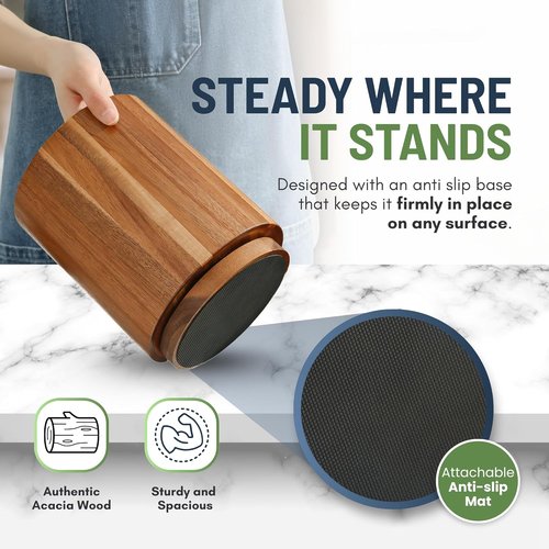 Linda's Essentials Acacia Wooden Utensil Holder - 360° Rotating Non-Slip Design | 7.2" Kitchen Organizer