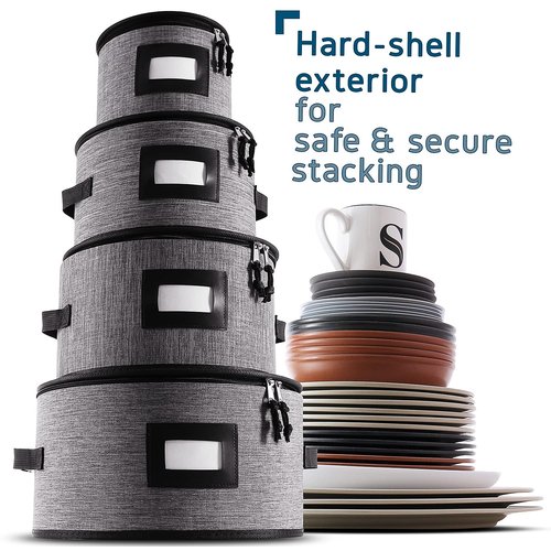 Fine China Hard Shell Dish Organizer - 5 Piece Stackable Mug and Plate Storage Containers with Dividers for Moving and Seasonal Storage, Grey