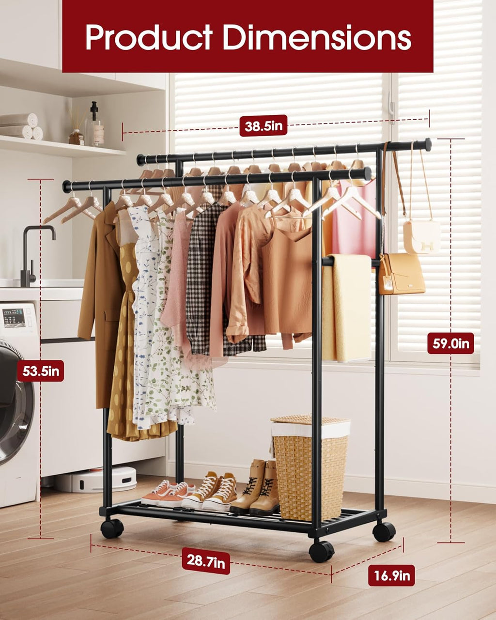 Sakugi Metal Clothes Rack - Double Rod Design with Rolling Wheels & Built-In Shelf | 38.5" x 16.9" x 59.0", Black
