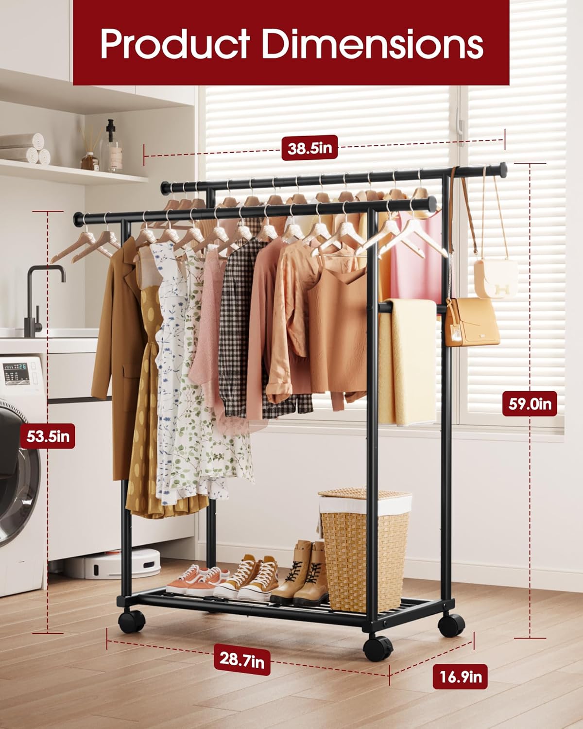 Sakugi Metal Clothes Rack - Double Rod Design with Rolling Wheels & Built-In Shelf | 38.5" x 16.9" x 59.0", Black