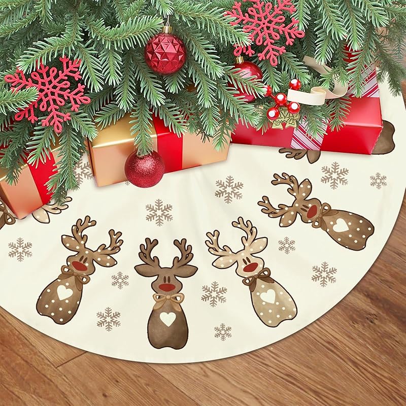 Reindeer Snowflakes Christmas Tree Skirt 36 Inch – Cream Brown Polka Dot with Heart Bow (Variation: Reindeer Snowflakes+36 Inch)