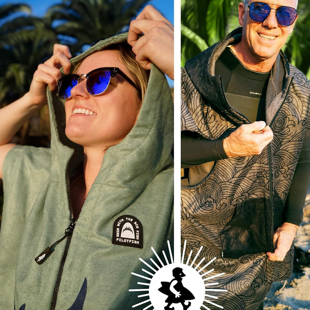 Pilotfish Surf Poncho Changing Robe Towel - Hooded, Zippered Towel Poncho for Beach, Surfing, Swimming | 2 Front Pockets, Machine Washable, (Mocha Serape, Large)