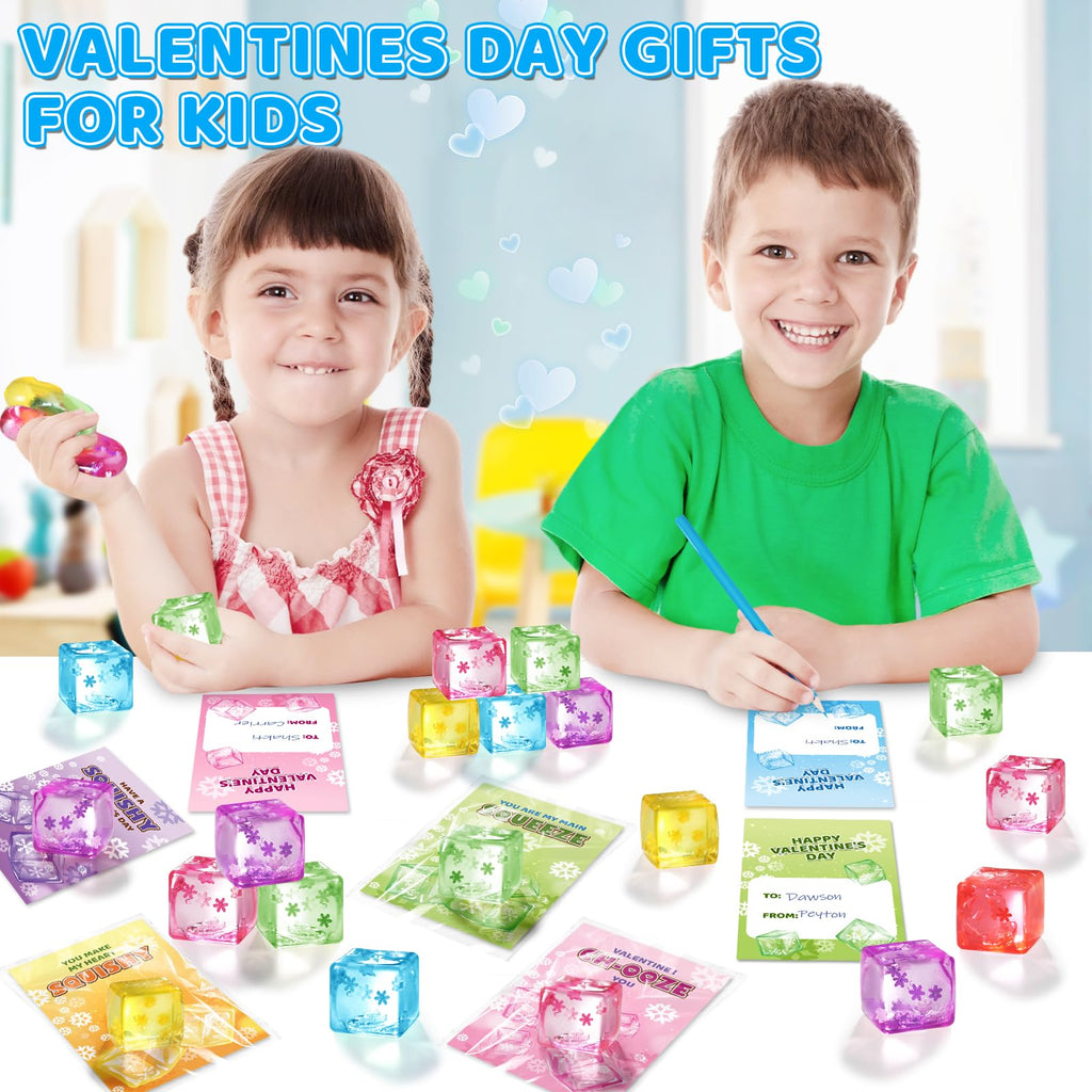 Valentines Day Cards Gifts for Kids School, 24 Pack Snow Cube Squeeze Balls with Greeting Cards for Kids Classroom Exchange Prizes, Stretchy Toy Balls Bulk Gift, Squeeze Fidget Toy for Party Favors