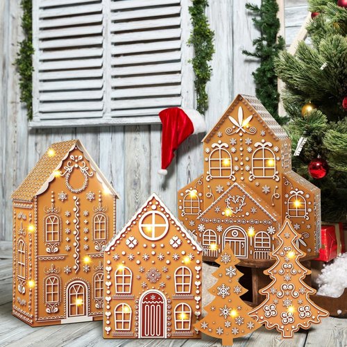 Ctosree Gingerbread House Kit - Large Cardboard Christmas Village with Lighted Trees | Holiday Decor