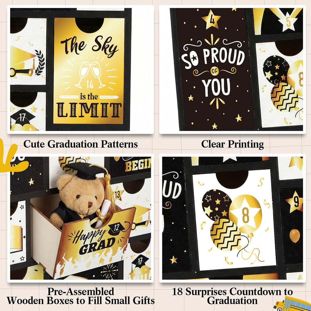 Novabright Graduation Countdown Calendar - 18 Days Fillable Advent Box with 18 Drawers | Black Gold
