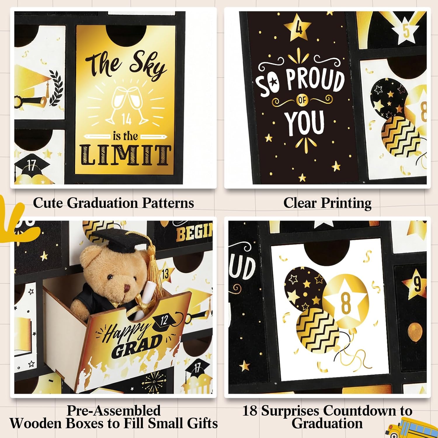 Novabright Graduation Countdown Calendar - 18 Days Fillable Advent Box with 18 Drawers | Black Gold