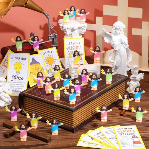 CroBlissful Mini Jesus Figurines - 30 Sets Glow in The Dark with Inspirational Cards for Sunday School