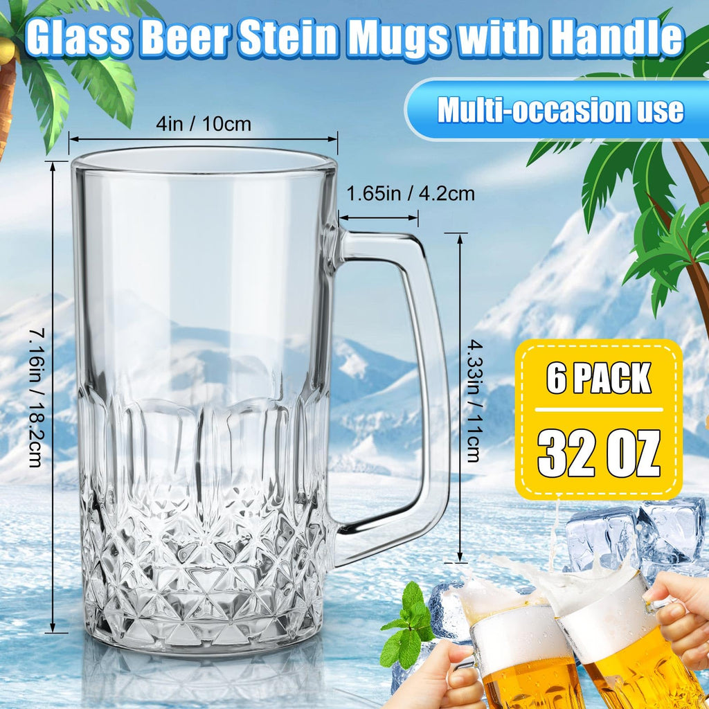 Reallnaive 6 Pack 32 oz Beer Mugs with Handle Large Heavy Glass Beer Mug for Oktoberfest Freezer Glass Steins German Cups Gift for Men Father Boyfriend Brother Dad