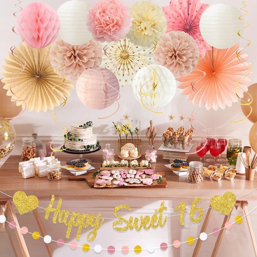 Vlipoeasn Blush Pink Sweet 16 Birthday Decorations for Girls, Retro Beige 16th Birthday Party Decor with Paper Pom Pom, Fan, Lantern, Happy 16 Year Old Party Supplies