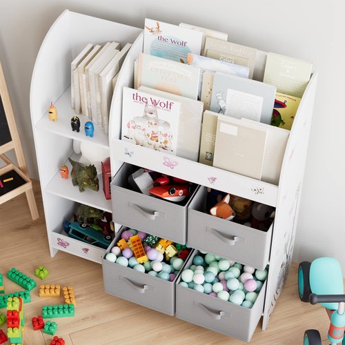 BOTLOG Toy Storage Organizer, Kids Bookshelf with 4 Fabric Bins, Toy Box Storage for Organizer with 3 Tier Book Rack and 3 Open Cubbies for Kids Room, Playroom, Nursery, School