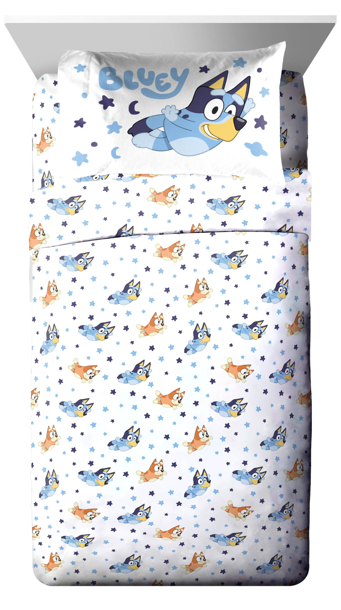 Jay Franco Bluey & Bingo Twin Comforter Set - 5 Piece Bed Set Includes Sheet Set & Pillow Covers - Super Soft Clouds & Stars Kids Bedding