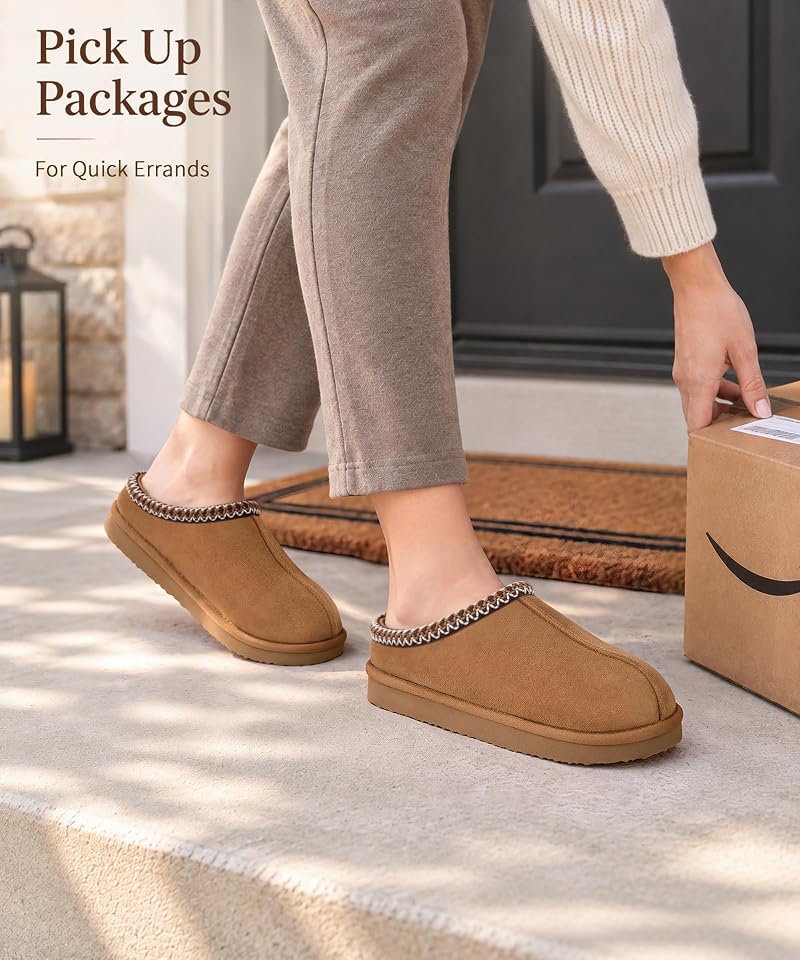 Chestnut Litfun Cozy Memory Foam Slippers for Women - Faux Suede Clog House Shoes, 6.5-7