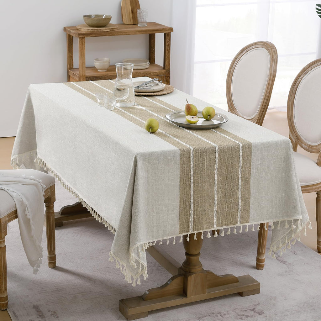 Softalker Outdoor Tablecloth Rectangle, Waterproof Linen Cotton Farmhouse Table Cloths with Tassel, Heavy Weight Wrinkle Free Boho Table Cover for Picnic Camping Dining - 55 x 84 Inch, Coffee Lines