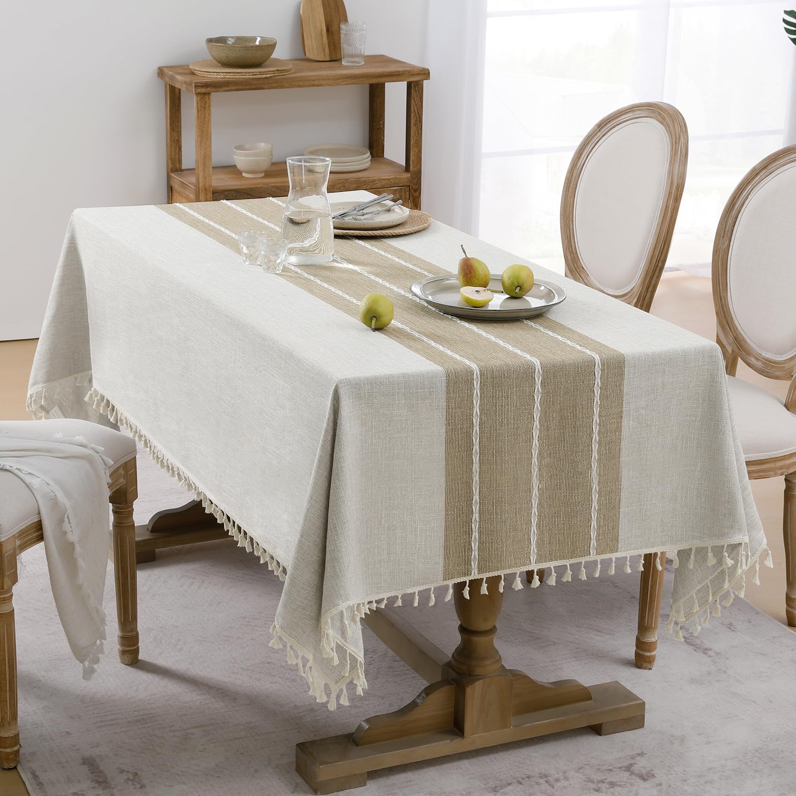 Softalker Outdoor Tablecloth Rectangle, Waterproof Linen Cotton Farmhouse Table Cloths with Tassel, Heavy Weight Wrinkle Free Boho Table Cover for Picnic Camping Dining - 55 x 84 Inch, Coffee Lines