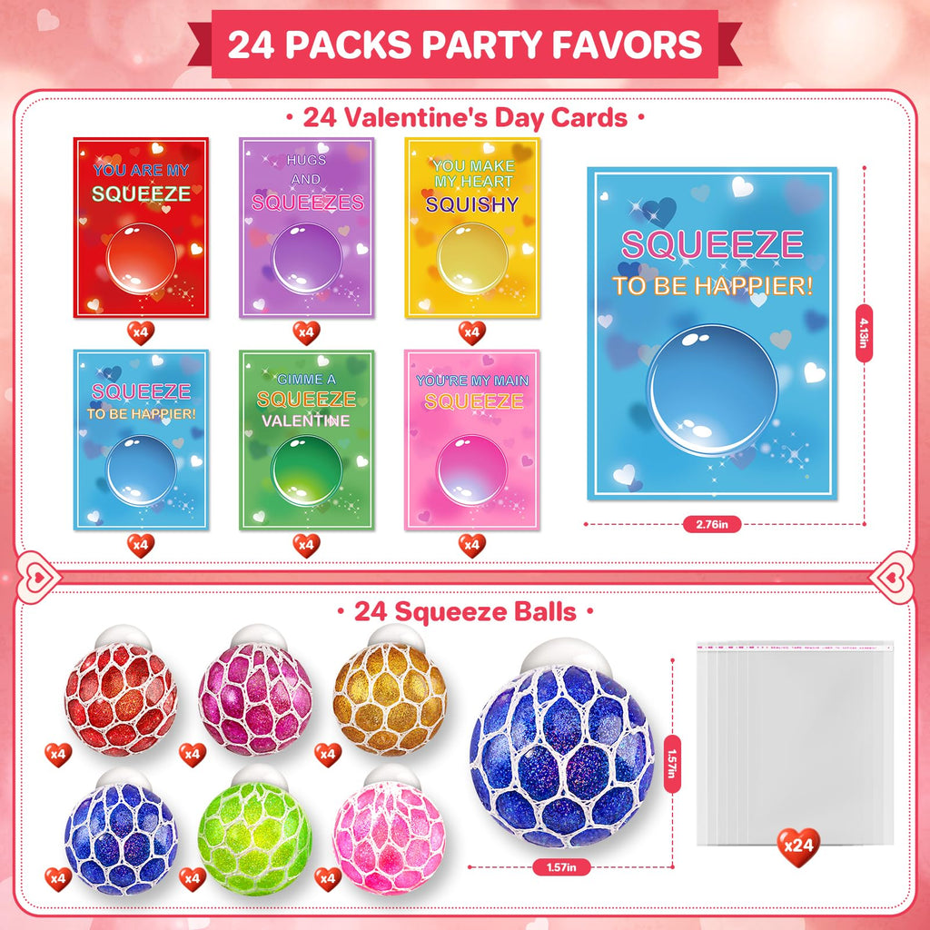Hbjnnug 24 Pack Valentines Cards for Kids School Classroom, Kids Valentines Day Cards with Squeeze Ball Toys, School Classroom Valentines Day Gifts for Kids Exchange Valentine Party Favors Prize