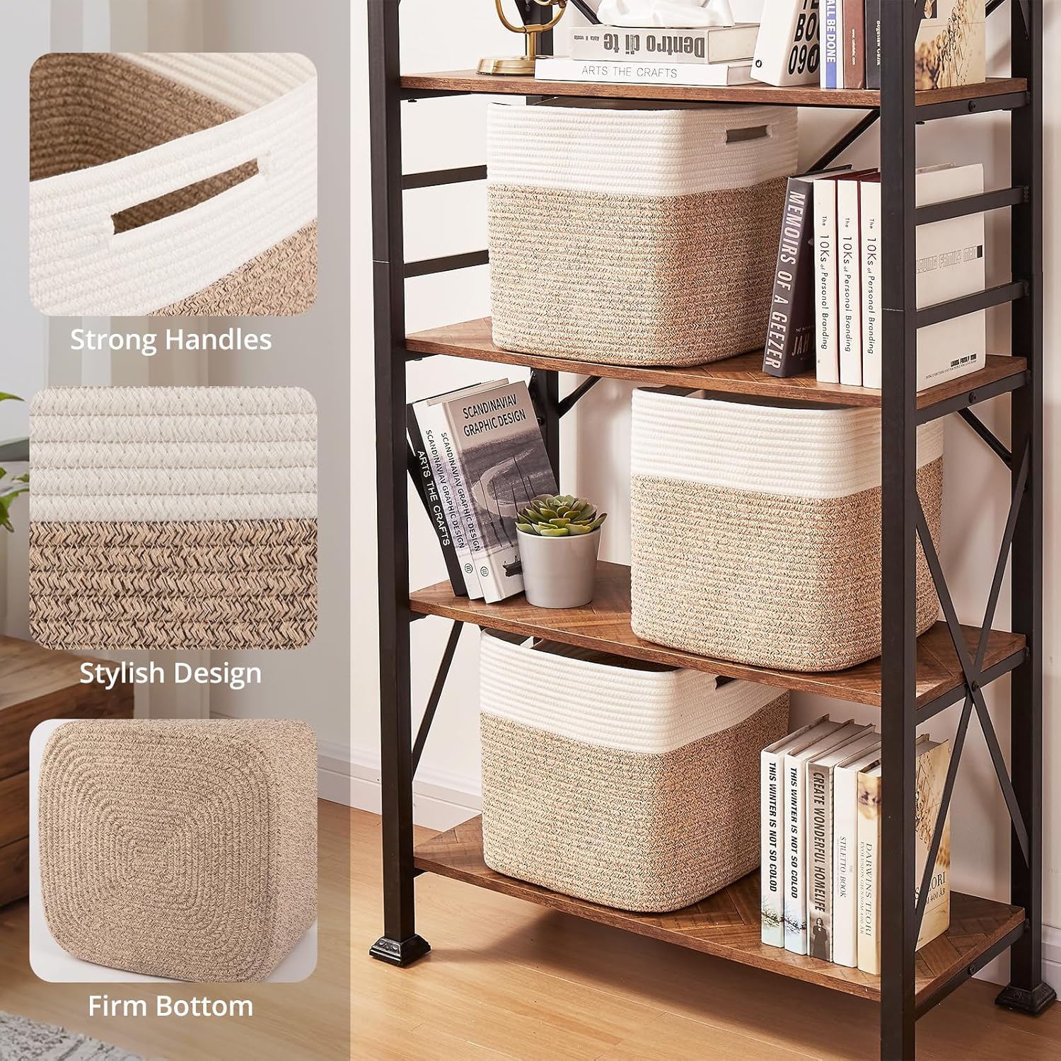 OIAHOMY 13-Inch Cube Storage Bins - 3-Pack Cotton Rope Baskets for Organizing | Brown & White