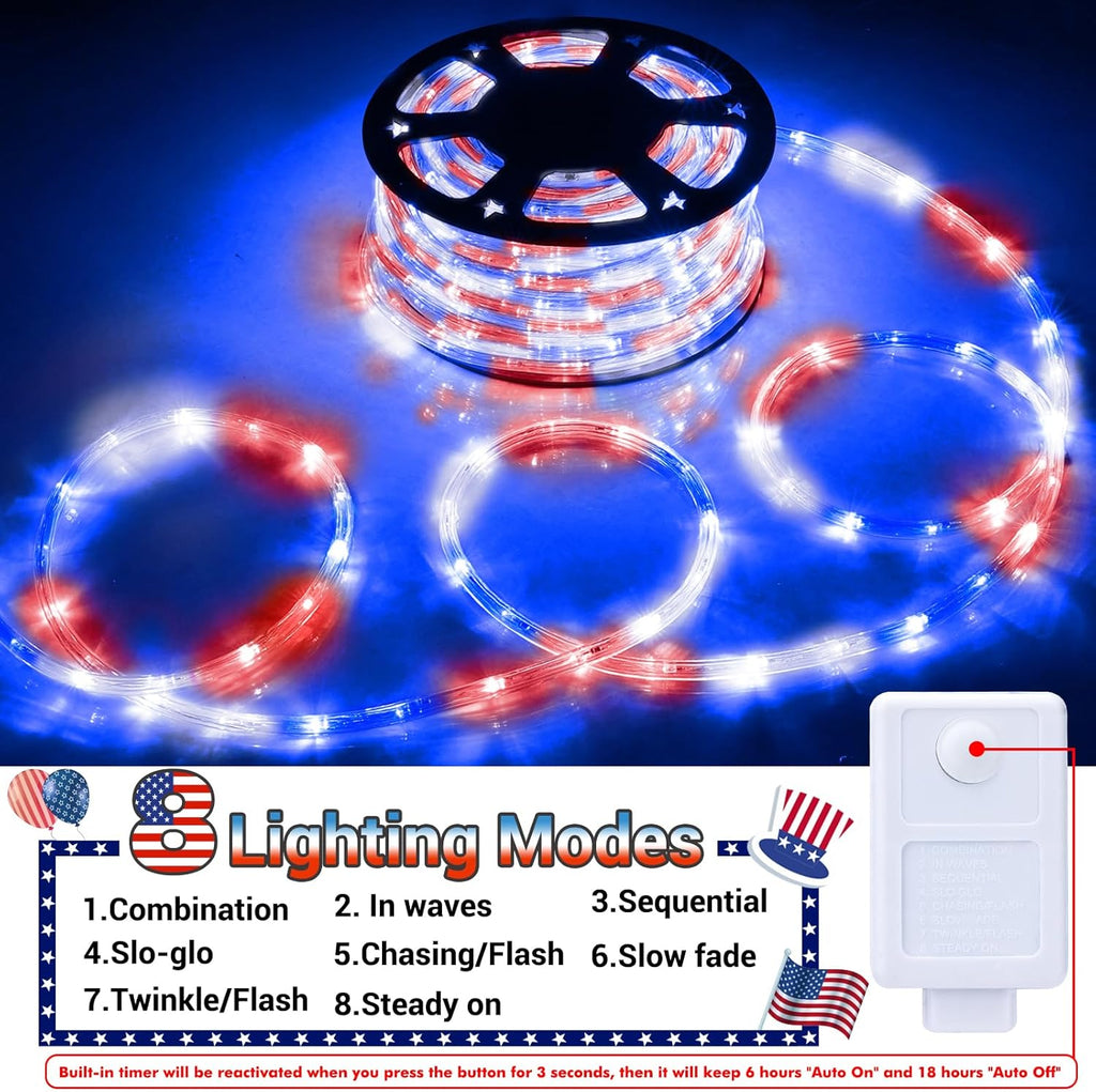 Skiennix 100ft LED Rope Lights - Waterproof, Connectable & Flexible Tube Lighting | 8 Modes, Red, White & Blue