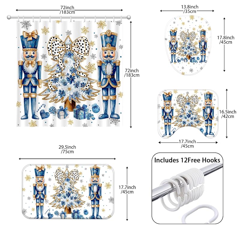 Nutcracker Christmas Shower Curtain Set 4 Pcs with Non-Slip Rugs & Lid Cover - Blue & Gold Snowflake Design (Variation: Blue Nutcracker+72W x 72L)