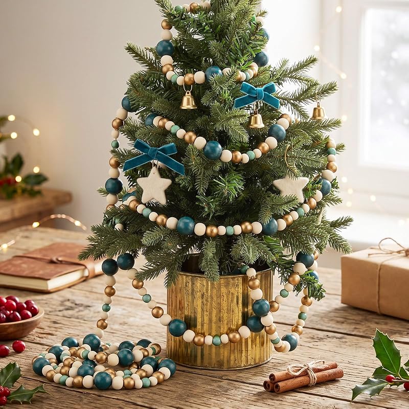 Sage Green & Natural 4 Pcs Wood Bead Garland 28.8 ft – Farmhouse Christmas Decor (Variation: Sage Green, Natural)