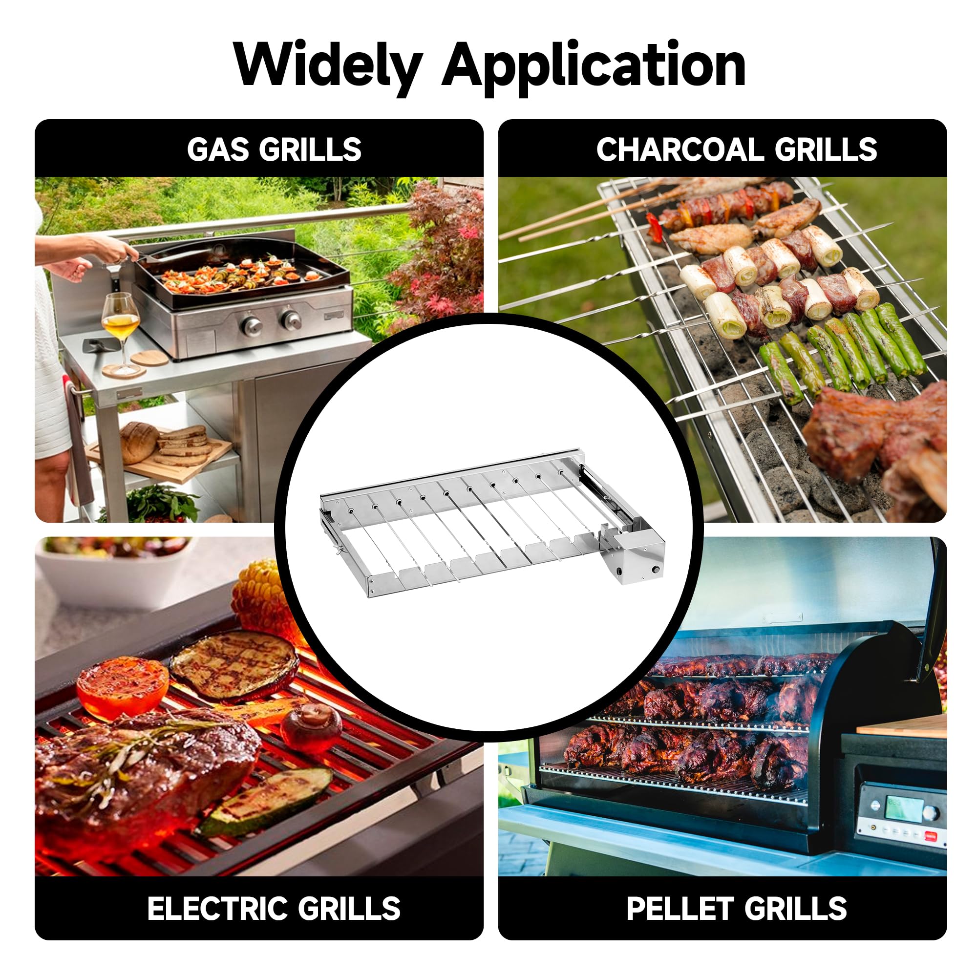 WILLBBQ Electric Rotisserie Grill Kit with Auto Rotating Skewer Turner, 20 Stainless Steel Skewers, Adjustable Width up to 11.8" for Charcoal BBQ, Kabobs, Chicken, Meat(20" L x 7" W)