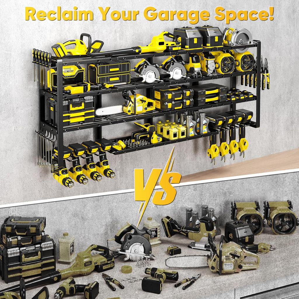 POKIPO Extra Large 64" Power Tool Organizer - Heavy Duty 4-Tier Garage Storage Rack with 8 Drill Holders | 1000 lbs Load Capacity