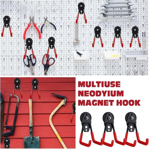 Landhoow Heavy Duty Magnetic Hooks - 6 Pcs Large Storage Utility Hangers with Anti-Slip Rubber Coating | Red