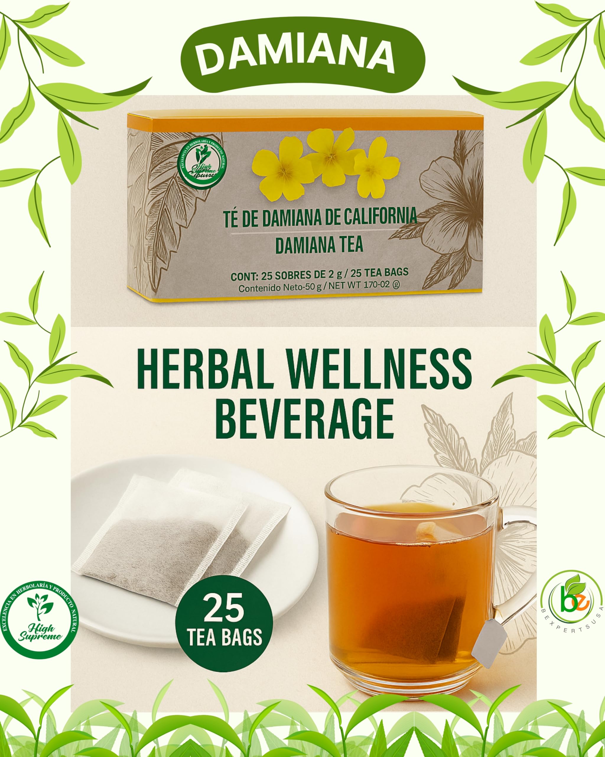 Damiana Herbal Tea – 100% Turnera diffusa – 25 Tea Bags – Natural Caffeine-Free Infusion – Traditional Herbal Beverage – Té de Damiana de California – Hecho en México