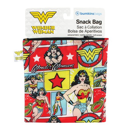 Bumkins Reusable Sandwich and Snack Bags, DC Comics Wonder Woman for Kids Lunch Bags and for Adults, Washable Fabric, Cloth Zip Bag, Dishwasher-Safe, Food-Safe (Pack of 2)