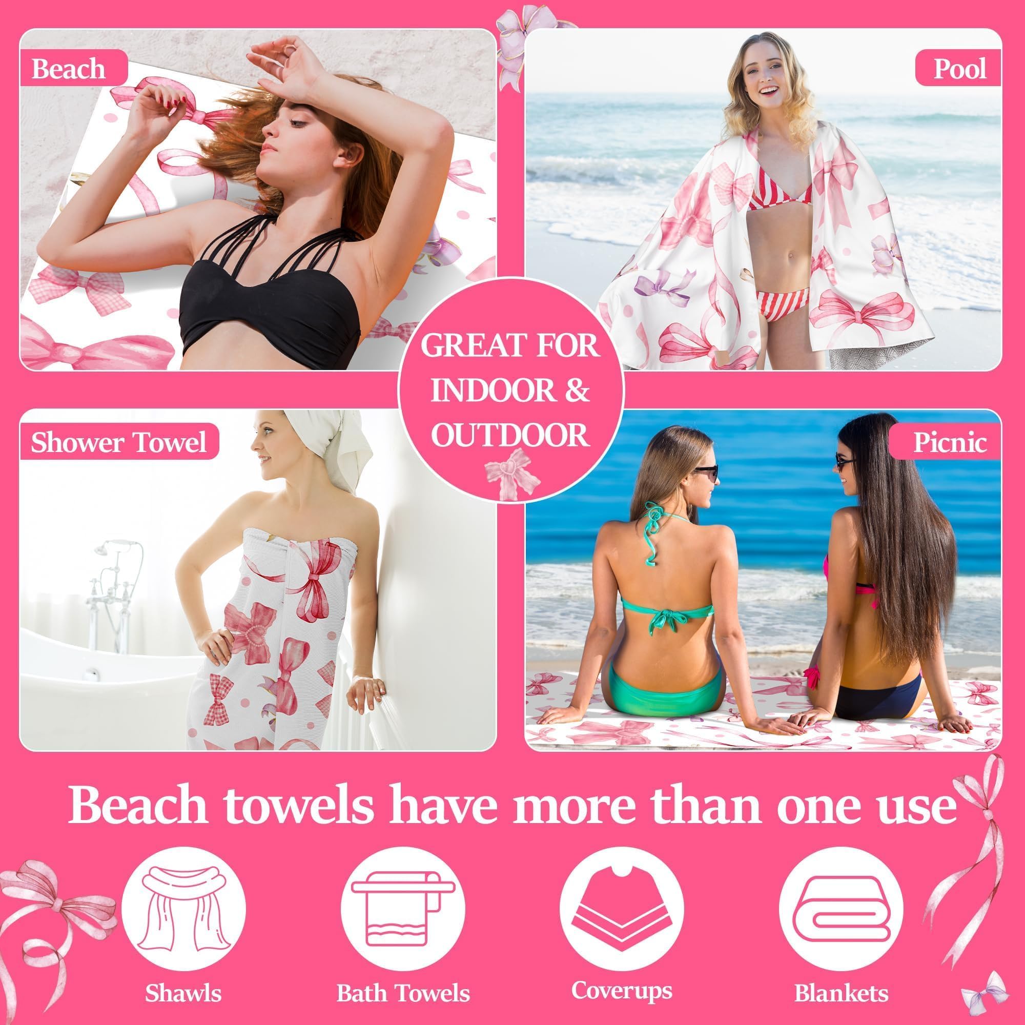 Polka Bow Oversized Beach Towel - Double-Sided Thin Microfiber Lightweight Pool Towel 71"x35" Quick Dry Towel Sand Free Blanket for Bath Sport Travel Beach Swimming Camping for Women Girls