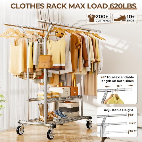 HYSEYY Heavy Duty Clothes Rack - Portable Rolling Double Rod Garment Rack with Shelves | 620 LBS Capacity