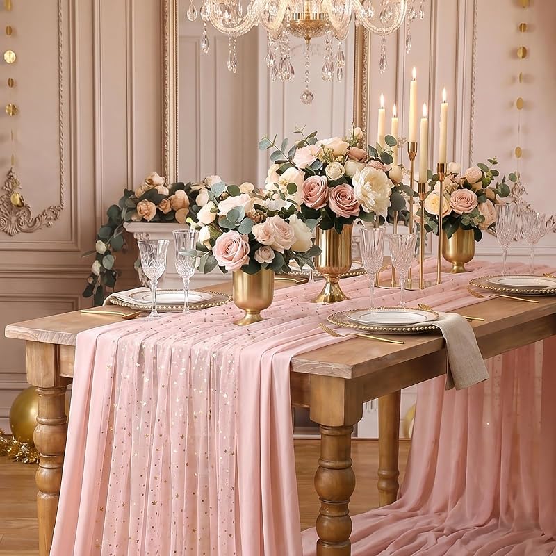 Pink Gold Gauze Table Runner 3pcs - Pink Gold Sparkling Cheesecloth Party Centerpieces (Variation: Pink Gold+29"x120" 3pcs)