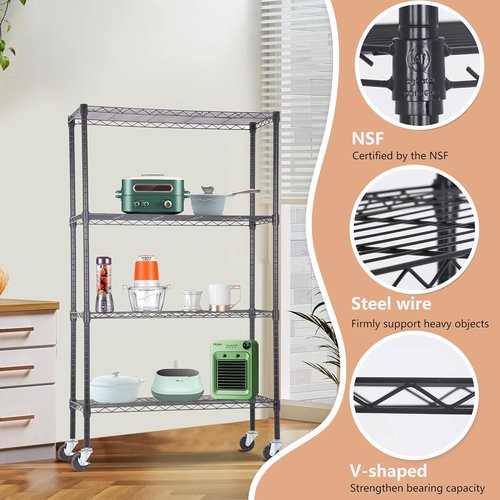 BestOffice 4-Tier Wire Storage Shelves - Heavy-Duty Metal with Wheels | Adjustable, 36x14x62 | Black | Easy No-Tool Assembly, Holds Up to 500 lbs | Perfect for Home & Garage