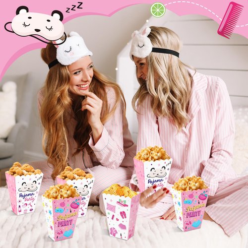 CHENRINDECO 24Pcs Pajama Party Popcorn Boxes Girls Sleepover Party Popcorn Container Slumber Favor Bags Boxes for Girls Pajamas Slumber Night Out Party Decoration